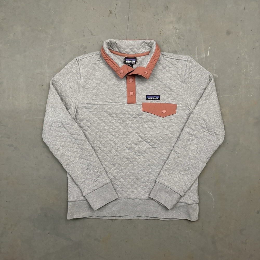 Patagonia Quilted T Snap Organic Cotton Pullover Top Womans S Gray Peach Trim